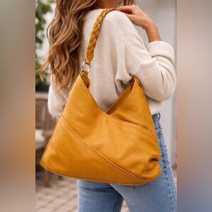 Tre Vero Boho Luxe Saffron Leather Slouchy Hobo Bag Braided Handle